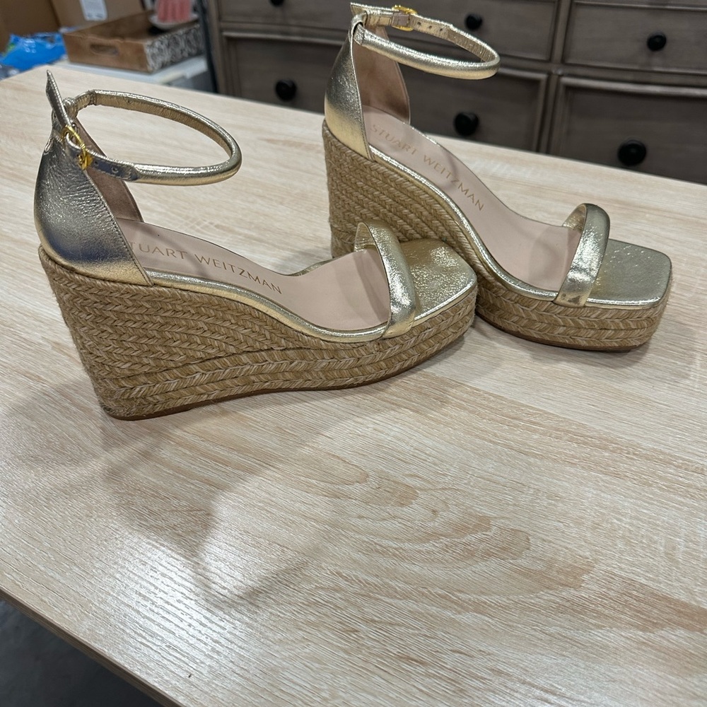 Stuart Weitzman Metallic Gold Wedge Sandals